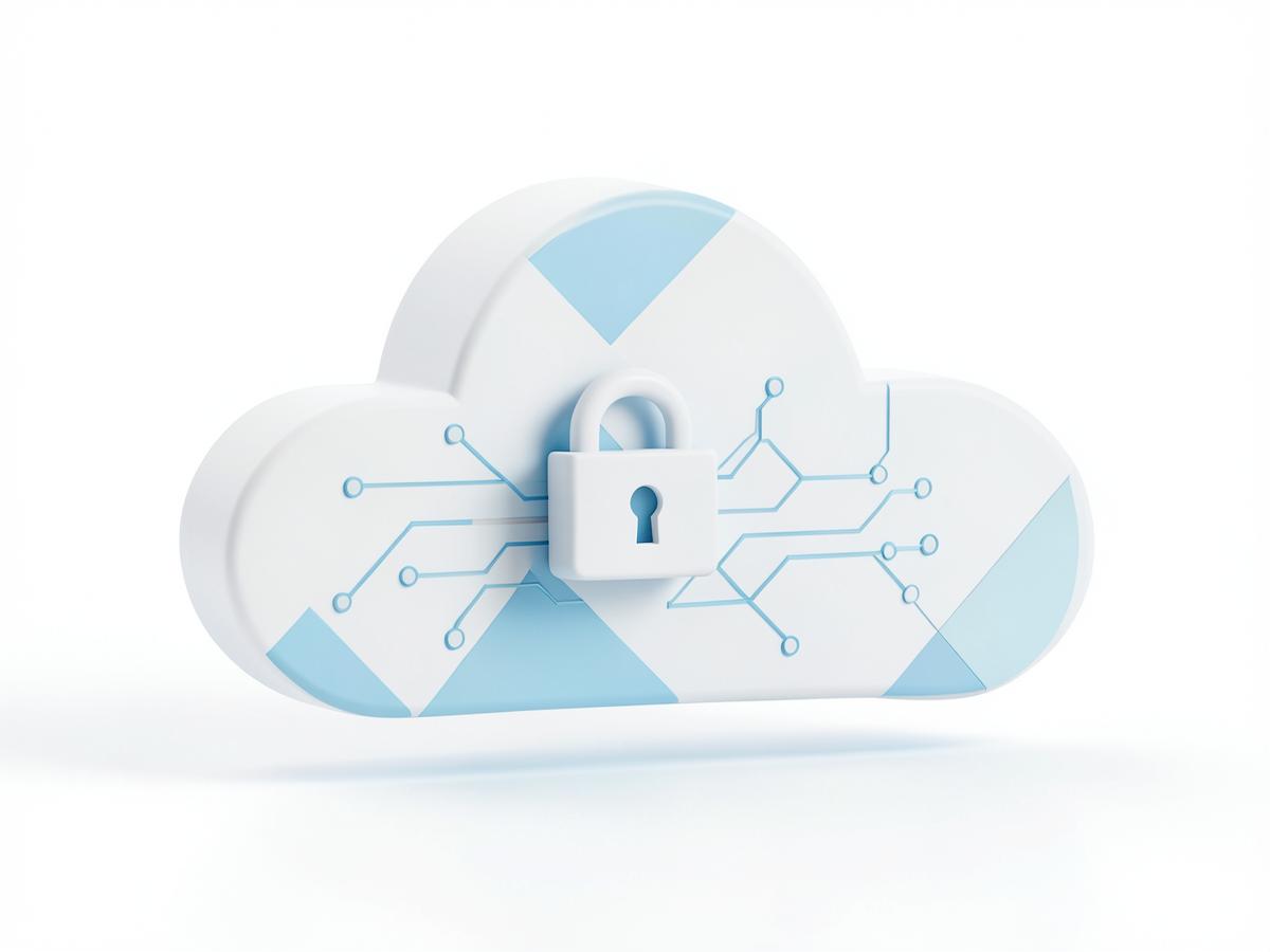 Illustration of secured cloud data protected by a padlock