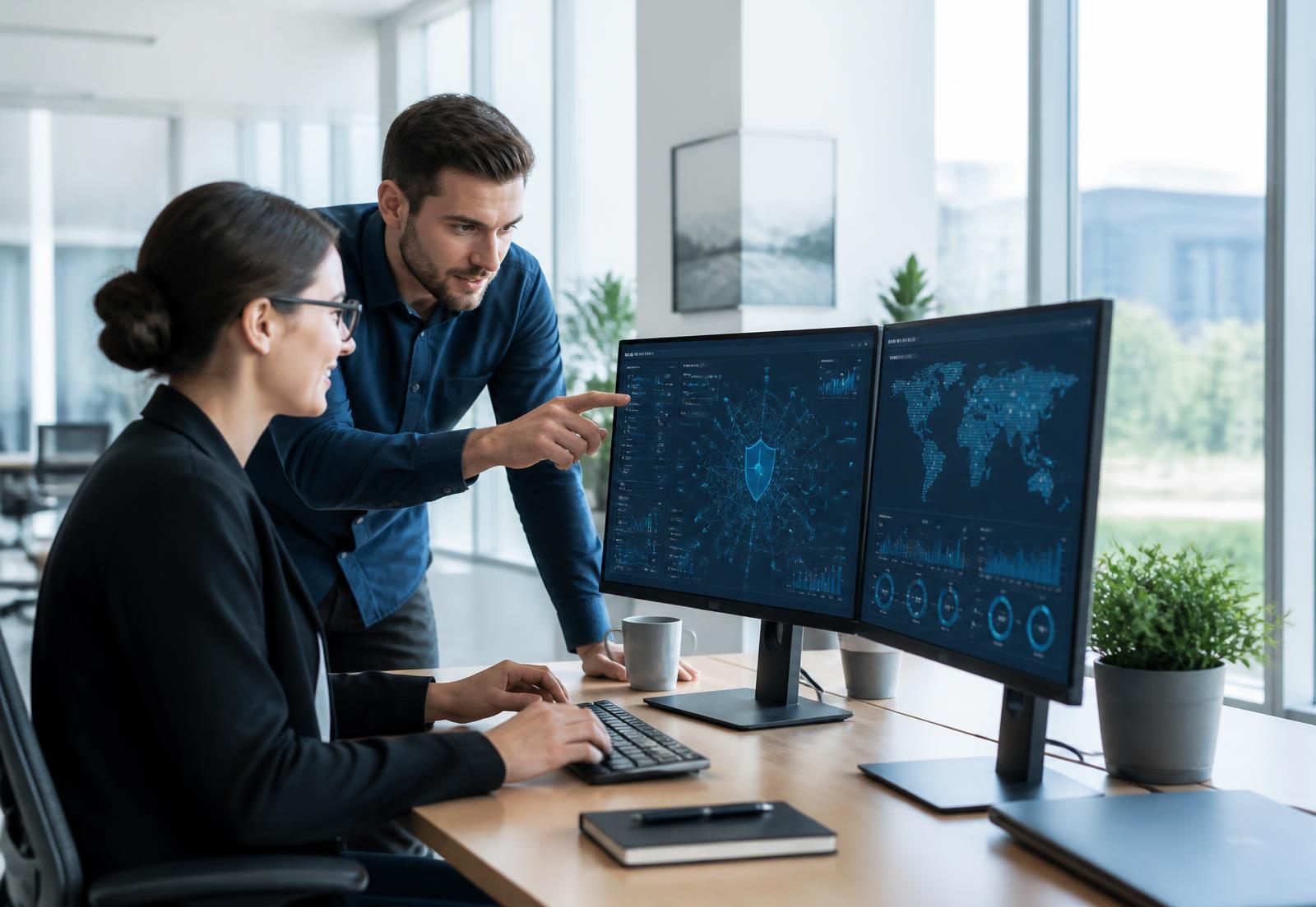 Security analysts reviewing threat dashboards in a bright operations office